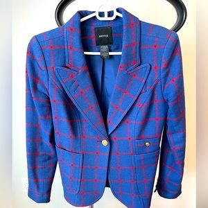 Smythe patch picket blazer in royal blue with red check and gold hardware.